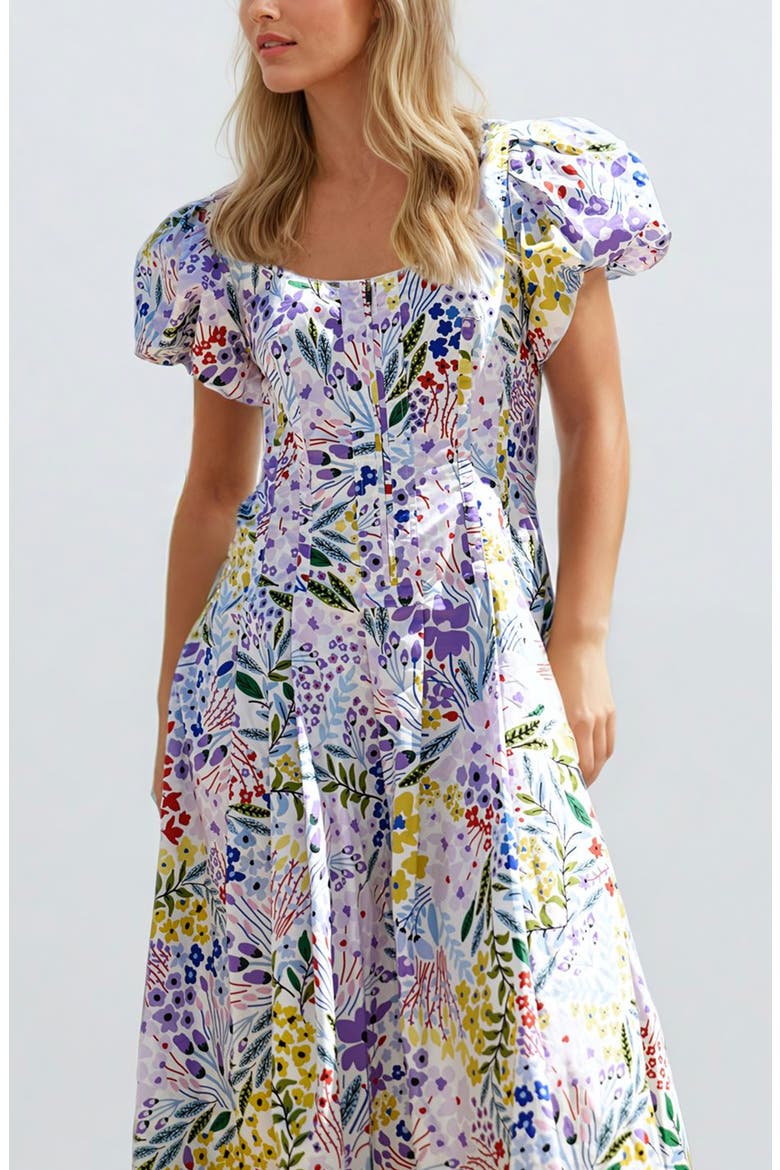 Purple Garden Scoop Neck Cotton Midi Dress, Alternate, color, Purple