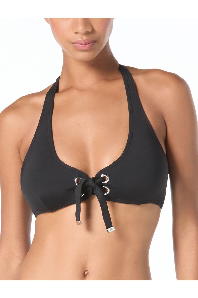 Grommet Solids Halter Bra Swim Top, Alternate, color, Black