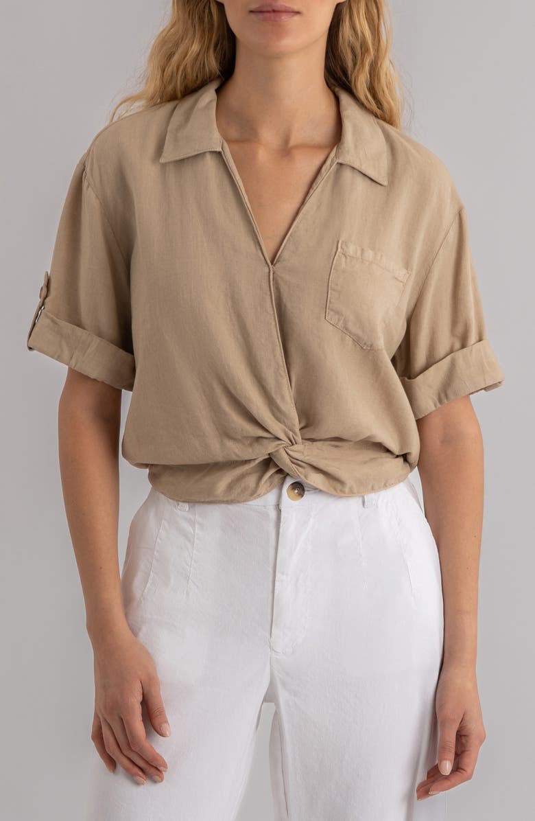 KUT from the Kloth Rebel Knot Front Linen Blend Top, Main, color, Stone