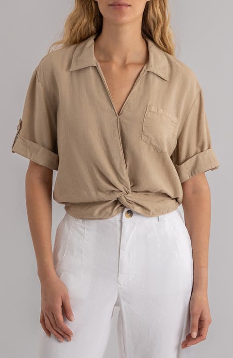 Rebel Knot Front Linen Blend Top