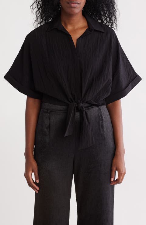 Textured Front Tie Popover Top
