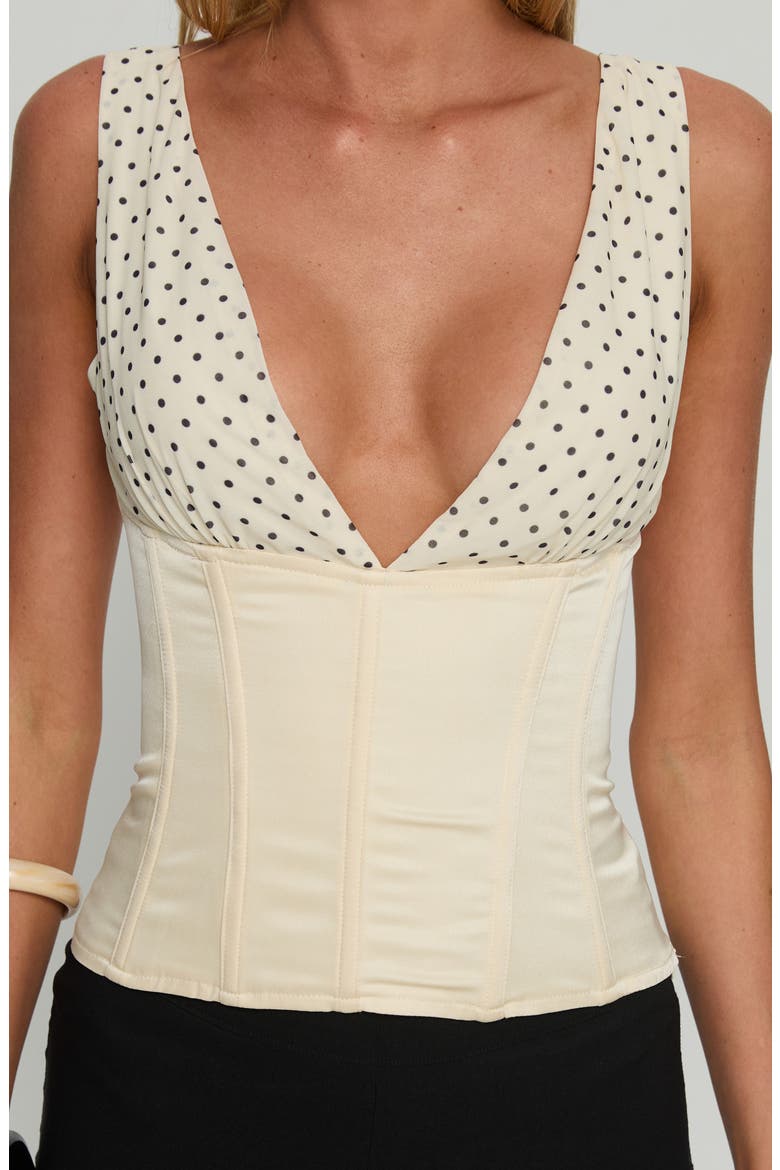Briannah Mixed Media Corset Top, Alternate, color, CREAM POLKA