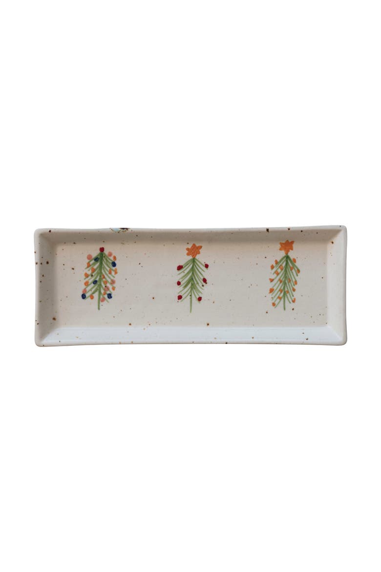 Speckled Hand-Painted Stoneware Platter with Christmas Trees, Alternate, color, Multicolor