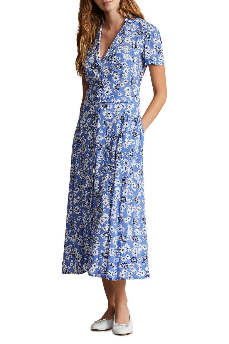 Hampton Floral Crepe Midi Shirtdress, Main, color, BLUE COSMOS FLORAL