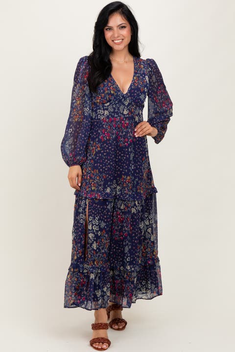 Floral Chiffon V-Neck Long Sleeve Maxi Dress