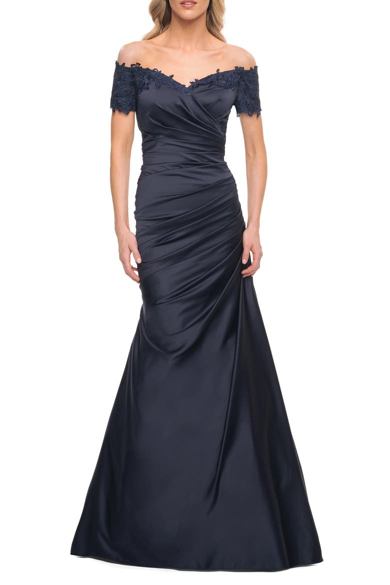 Off the Shoulder Ruched Satin Mermaid Gown, Main, color, NAVY