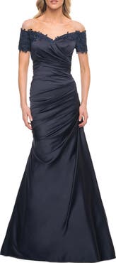 La Femme Off the Shoulder Ruched Satin Mermaid Gown