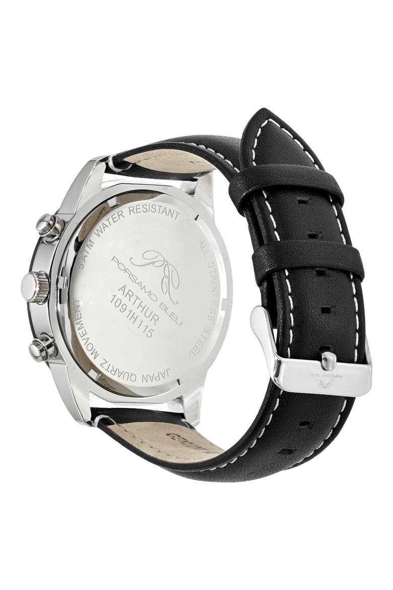 Arthur Chronograph Leather Strap Watch, 44mm, Alternate, color, SILVER