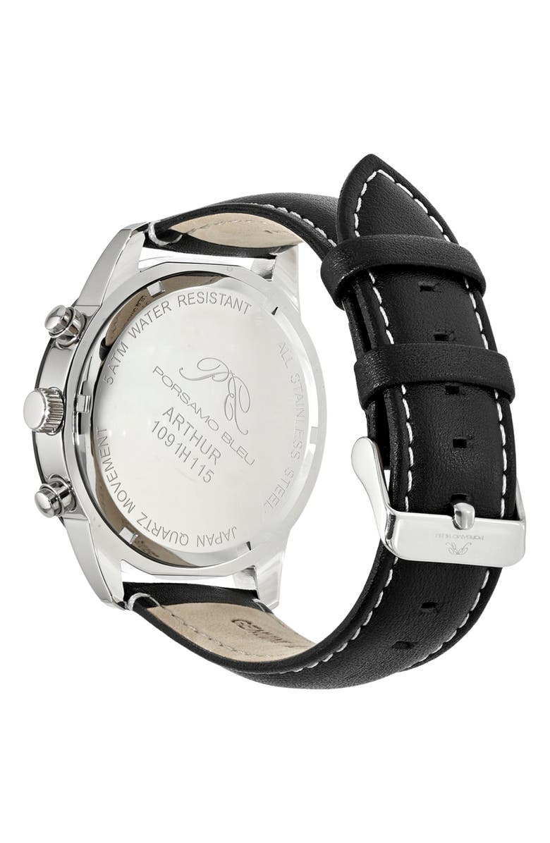 PORSAMO BLEU Arthur Chronograph Leather Strap Watch, 44mm, Alternate, color, Silver