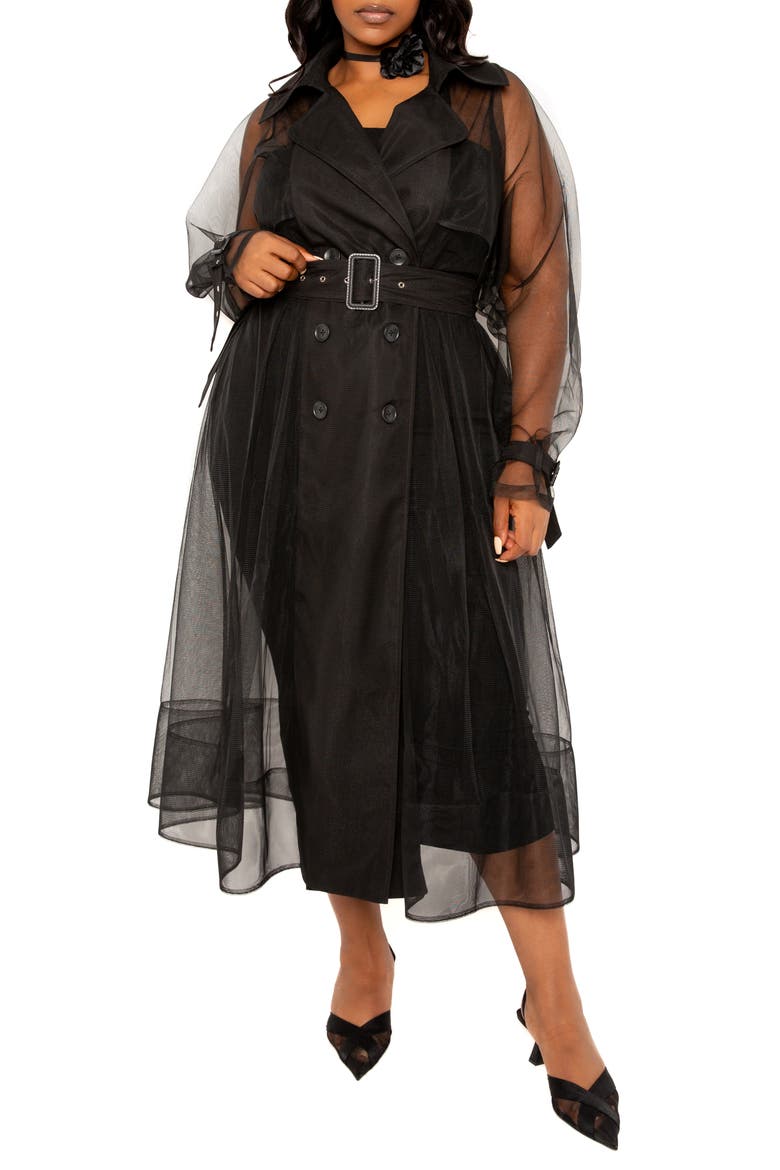 Belted Sheer Tulle Trench Coat, Alternate, color, BLACK