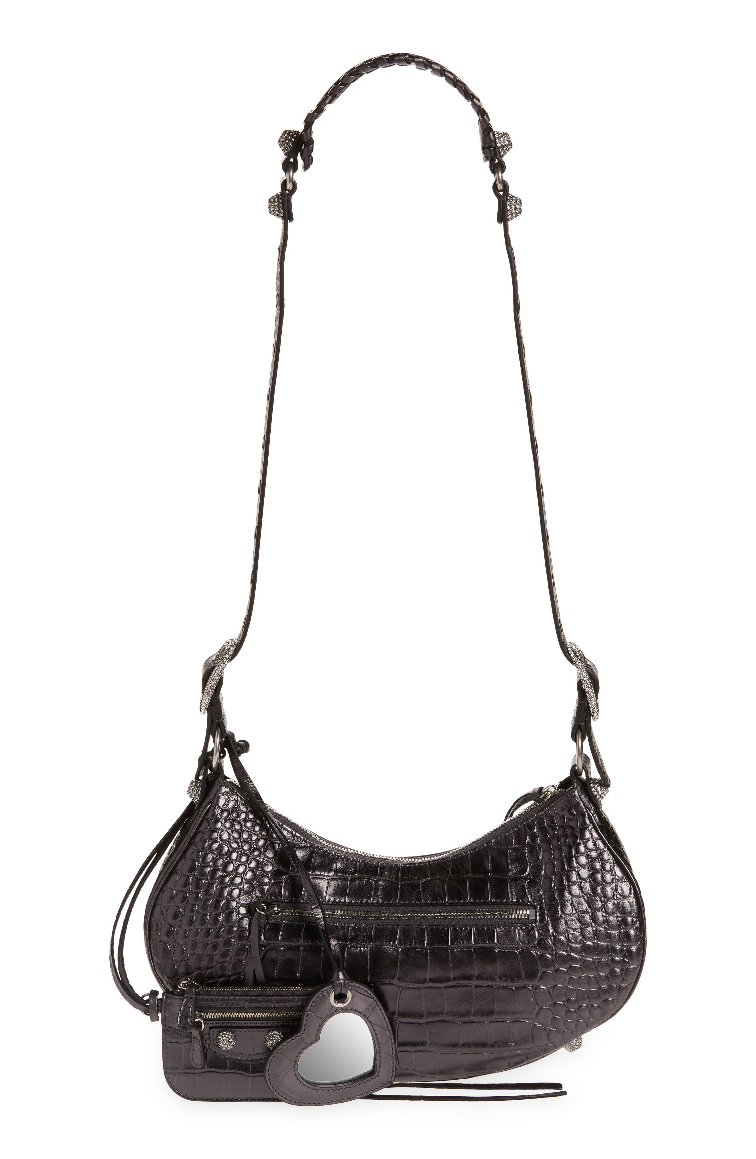 Balenciaga Small Le Cagole Metallic Croc Embossed Leather Shoulder Bag, Alternate, color, 