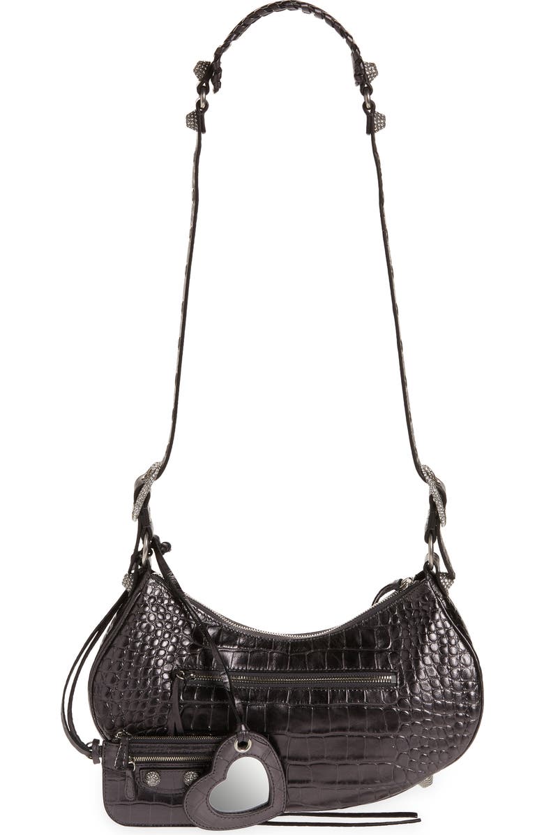 Balenciaga Small Le Cagole Metallic Croc Embossed Leather Shoulder Bag, Alternate, color,