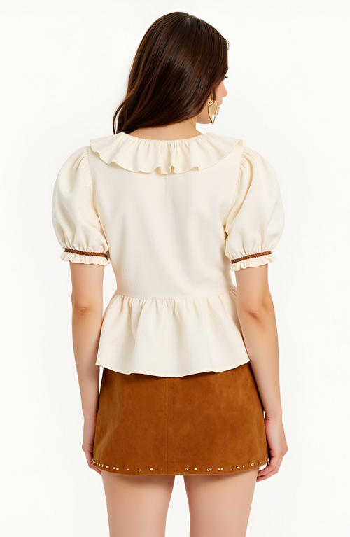 Modenaire Ruffle Trim Peplum Blouse With Puff Sleeves And Tie Front In White