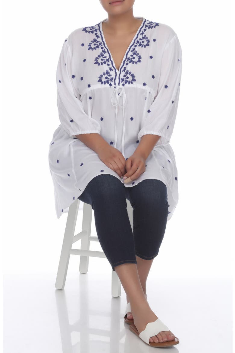Embroidered 3/4 Sleeve Coverup, Alternate, color, WHITE W/ NAVY