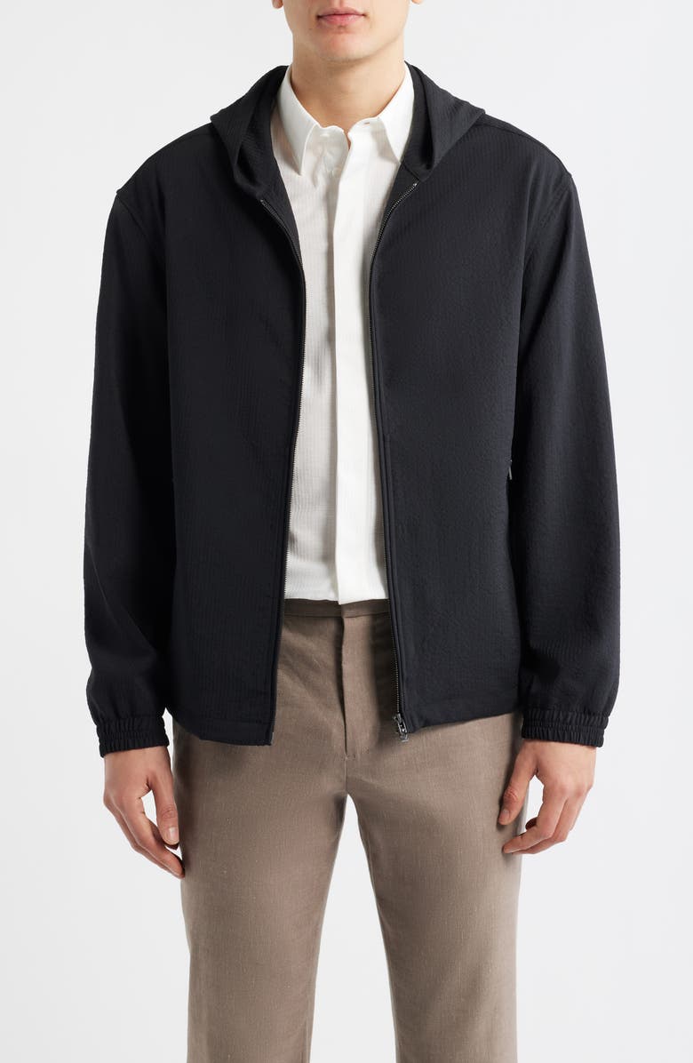 Emporio Armani Seersucker Hooded Jacket, Main, color, Solid Black