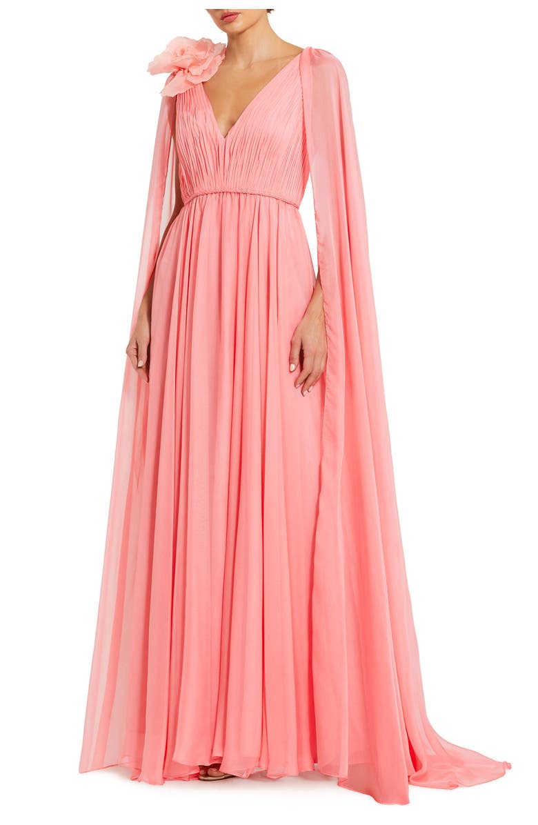 Mac Duggal Chiffon V-Neck Cape Sleeve Gown with Floral Shoulder Detail, Main, color, Hibiscus