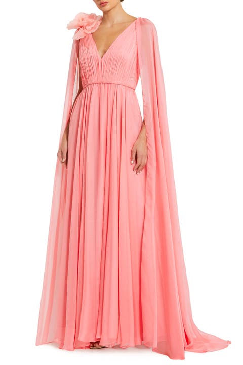 Chiffon V-Neck Cape Sleeve Gown with Floral Shoulder Detail