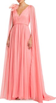 Mac Duggal Chiffon V-Neck Cape Sleeve Gown with Floral Shoulder Detail
