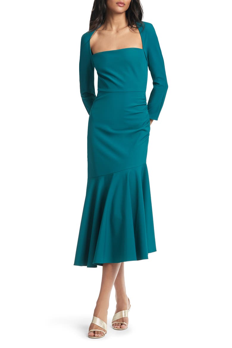 Sharlize Long Sleeve Stretch Crepe Dress, Main, color, STORM GREEN