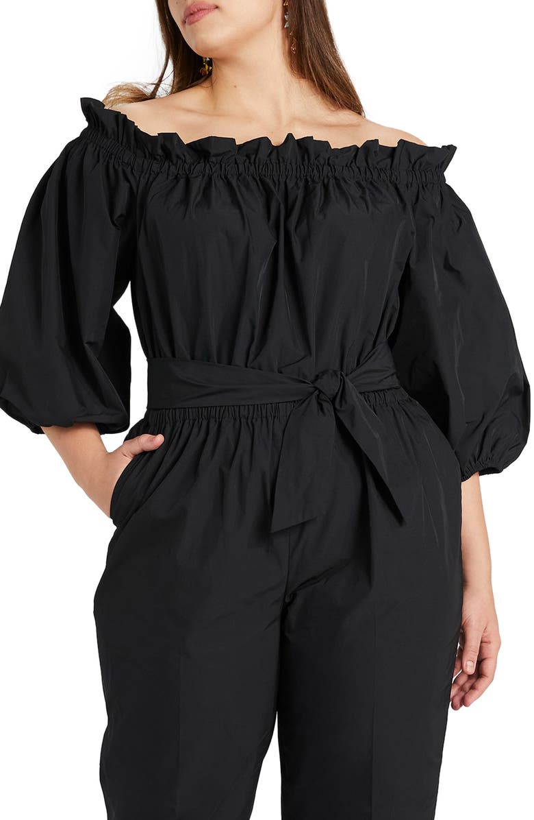 Kate Spade New York taffeta tie waist off the shoulder jumpsuit, Main, color,