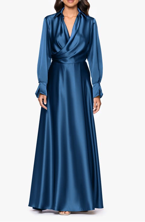 Spread Collar Long Sleeve Satin Gown