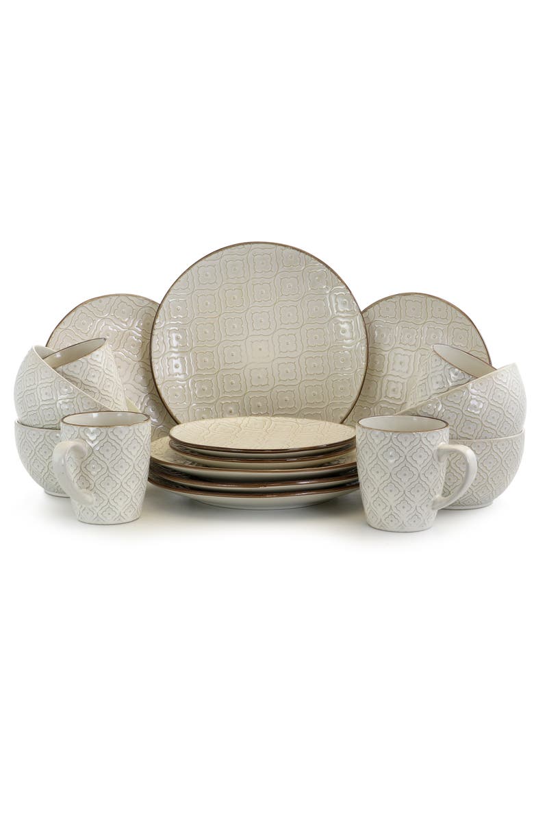 Elama White Lily 16 Piece Luxurious Stoneware Dinnerware with Complete Setting for 4, Main, color, Off-White
