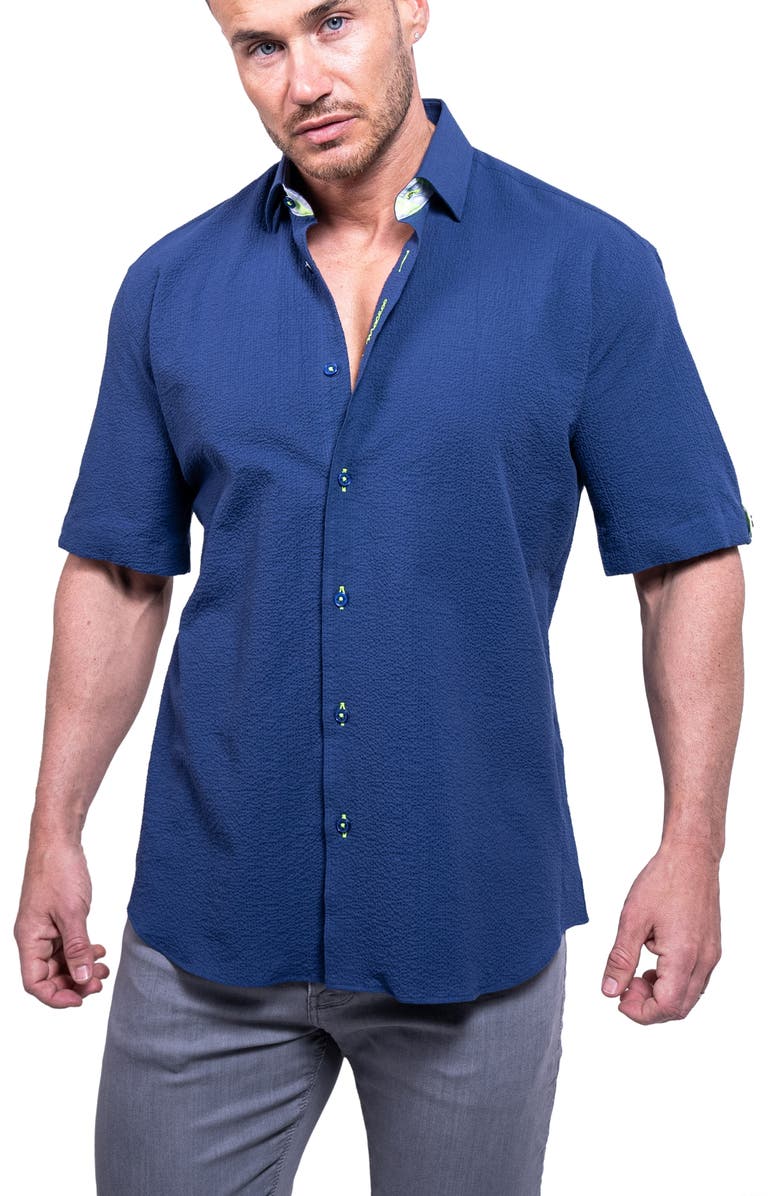 Maceoo Galileo Aristocrat Luxe Stretch Cotton Seersucker Short Sleeve Button-Up Shirt, Alternate, color, Blue