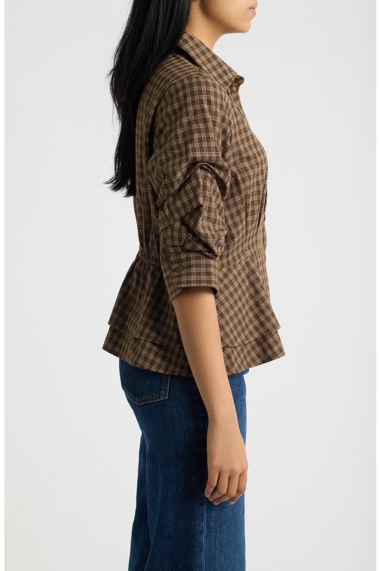 Plaid Ruched Sleeve Peplum Shirt, Alternate, color, COLD BREW MULTI