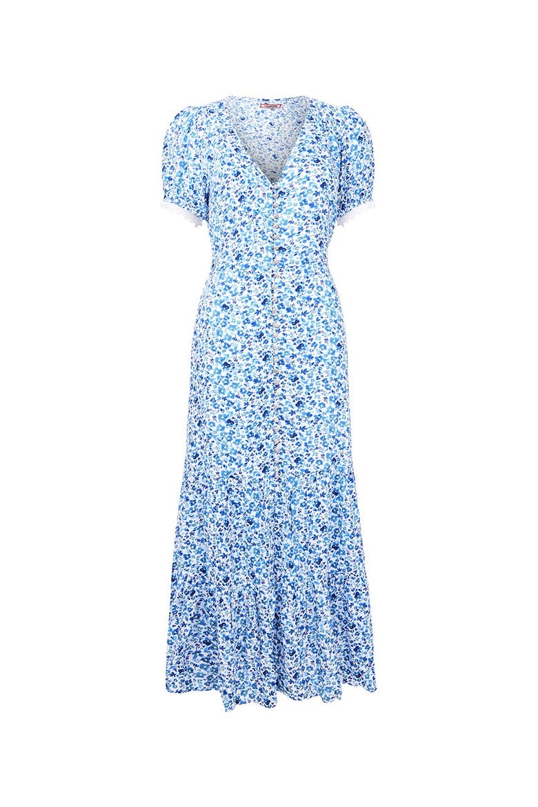 V Neck Tiered Midi Dress, Alternate, color, BLUE DITSY FLORAL