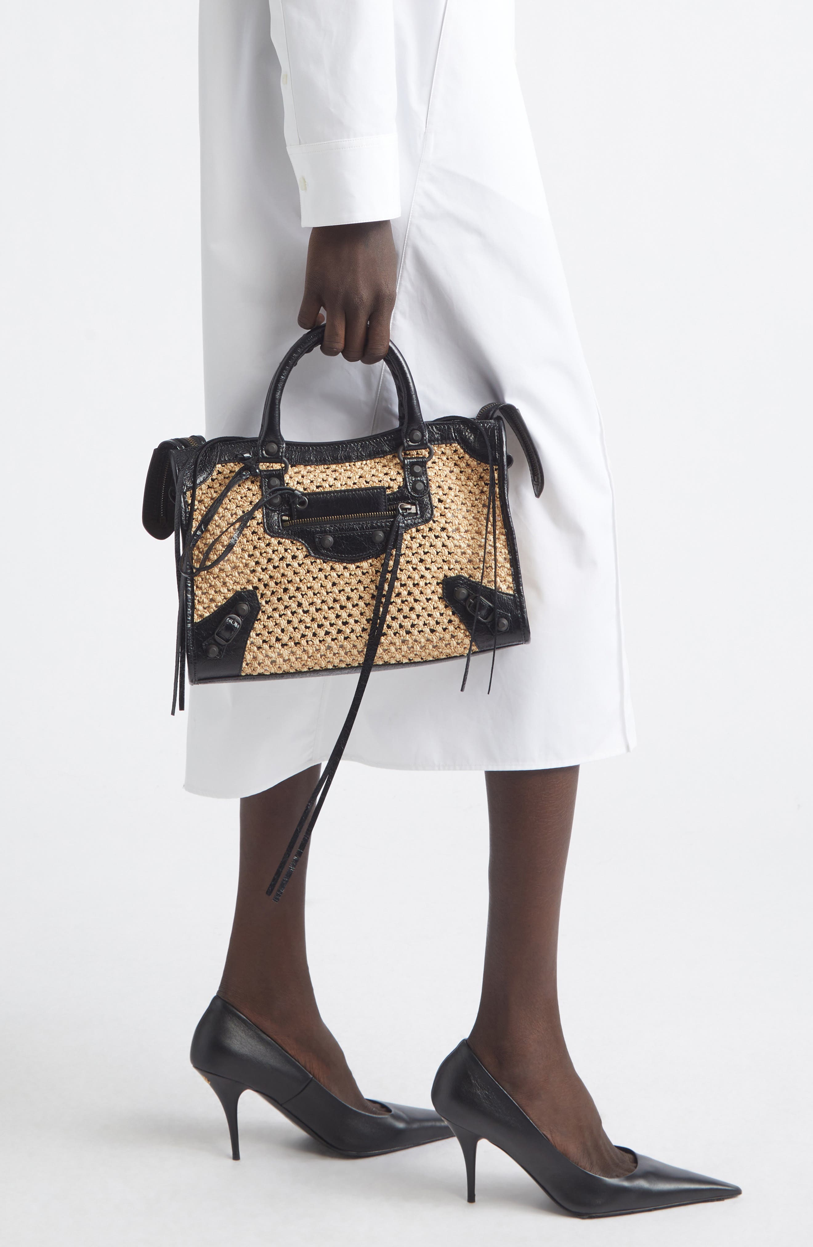 Balenciaga Small Le City Raffia Bag, Alternate, color, Natural/ Black