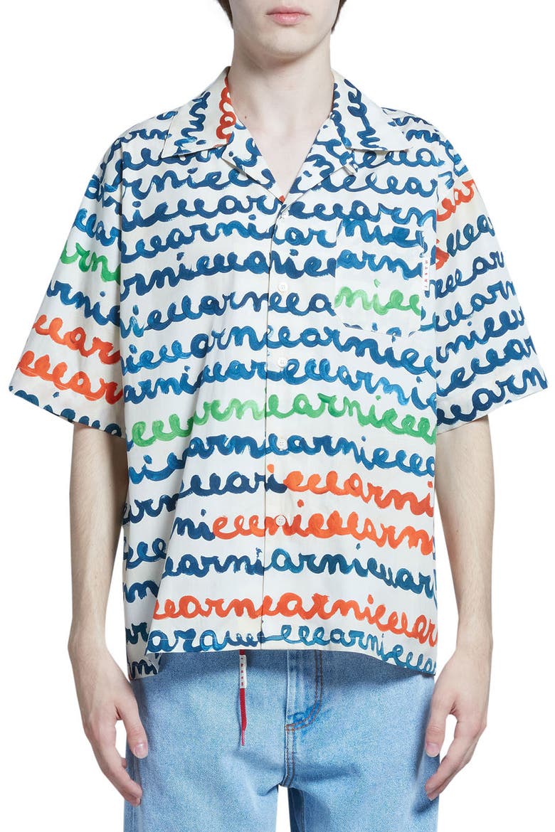 Logo Stripe Cotton Camp Shirt, Main, color, IVORY