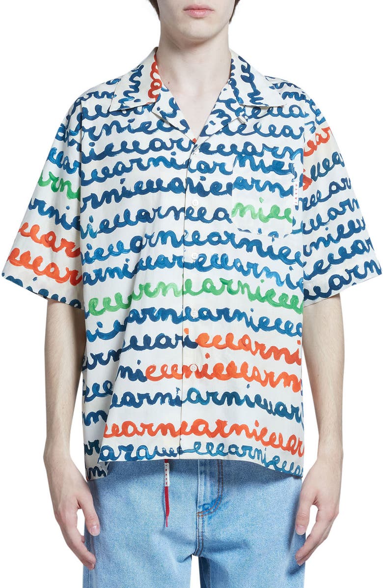 Marni Logo Stripe Cotton Camp Shirt, Main, color, 