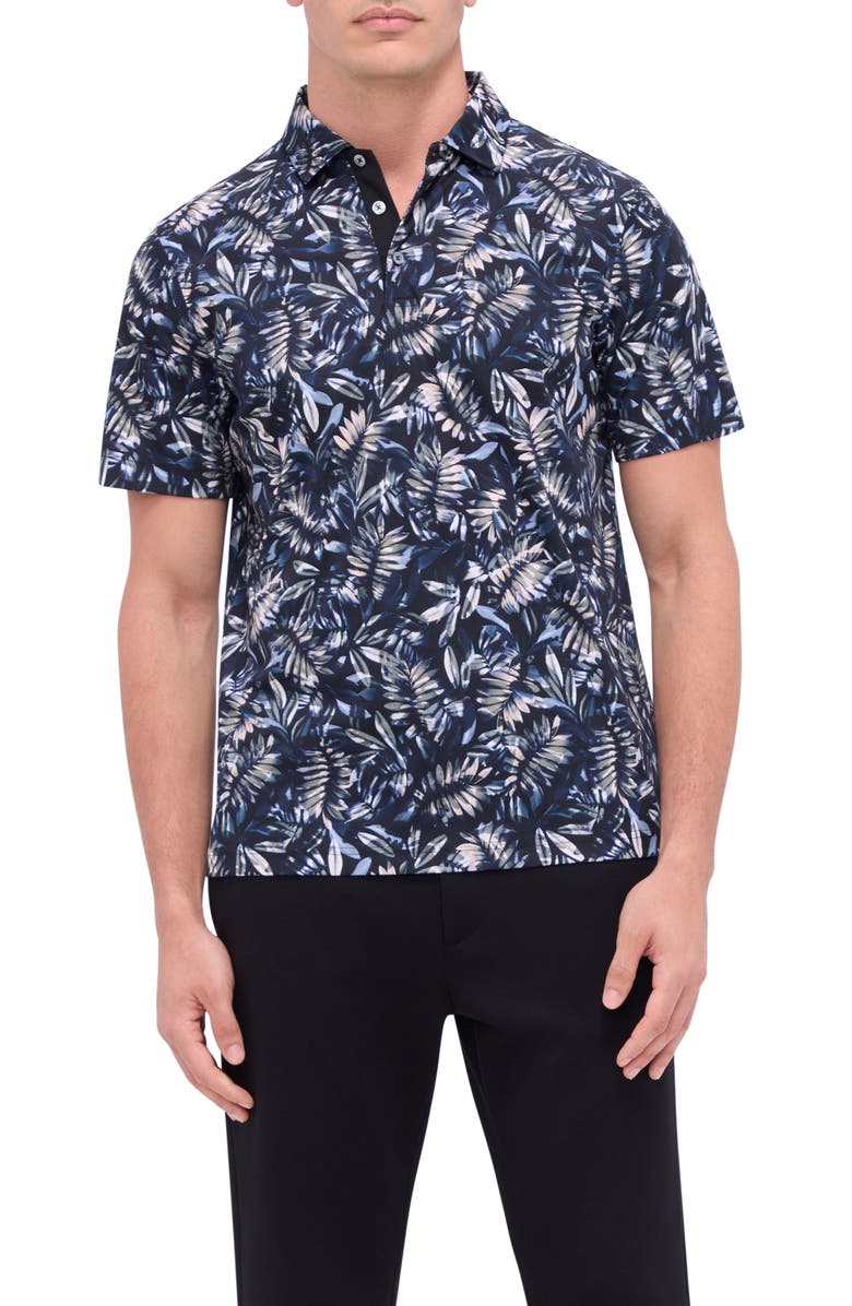 Bugatchi Hendrix Digital Leaf Print Pima Cotton Polo, Main, color, Black
