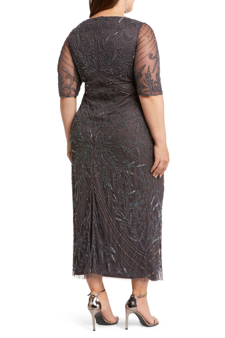 Beaded Elbow Sleeve A-Line Dress, Alternate, color, SLATE