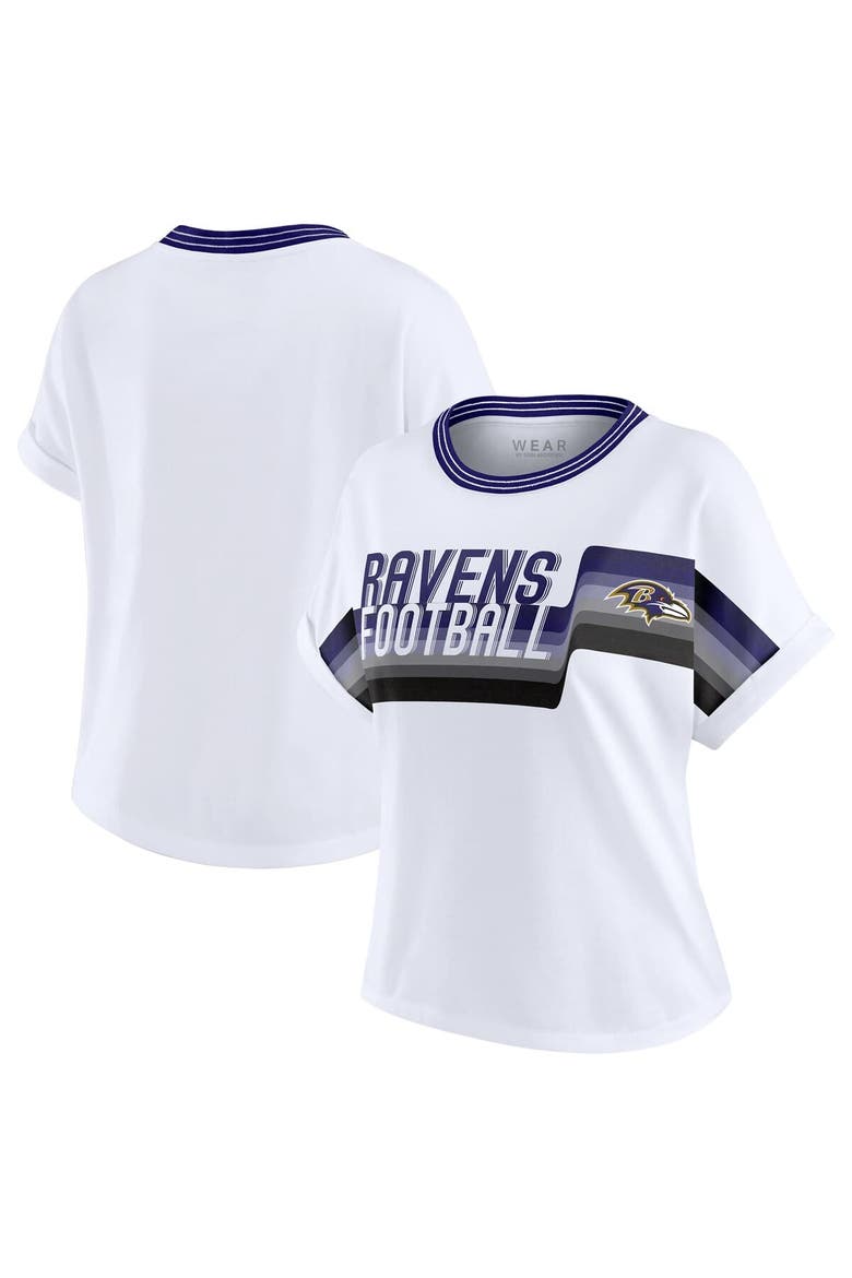 Women's WEAR by Erin Andrews White Baltimore Ravens Cropped Center Stripe Dolman T-Shirt, Main, color, White