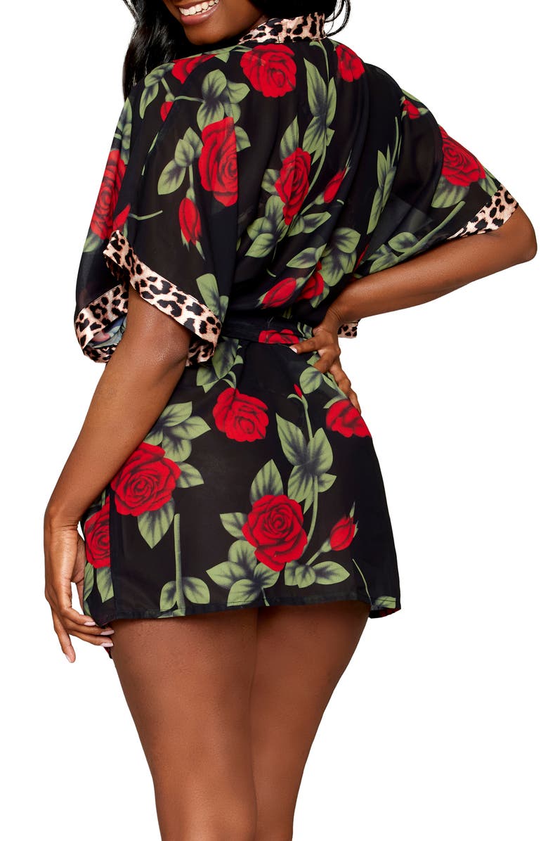 Dreamgirl Leopard Print Teddy & Robe Set, Alternate, color, Leopard/ Rose