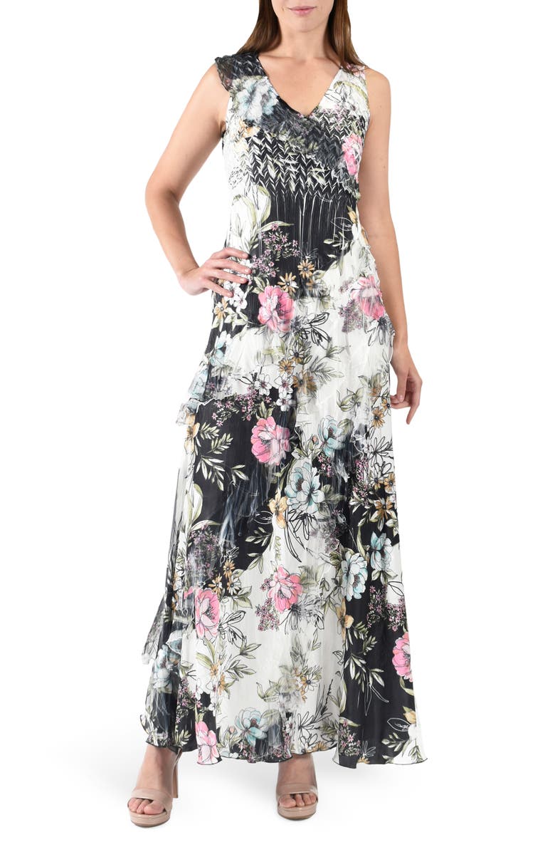 Komarov Floral Ruffle Sleeveless Chiffon & Charmeuse Gown, Main, color, 