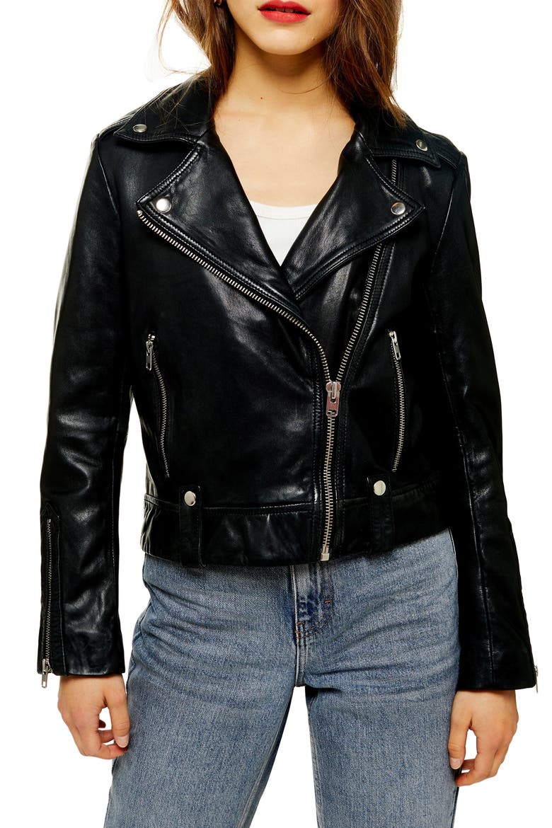 Mona Leather Biker Jacket, Main, color, BLACK