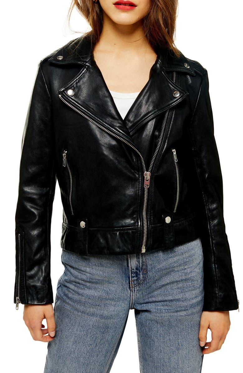 Topshop Mona Leather Biker Jacket, Main, color,