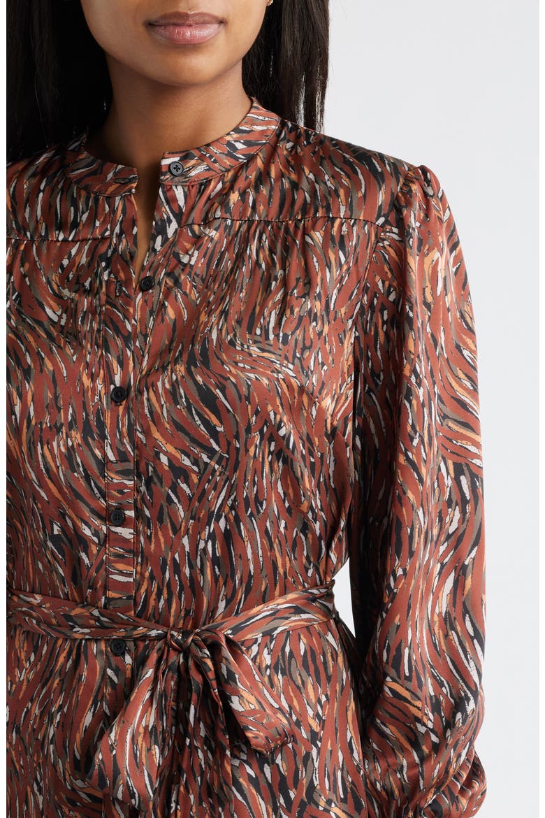 Tiered Long Sleeve Tie Waist Button Front Satin Dress, Alternate, color, BROWN MULTI