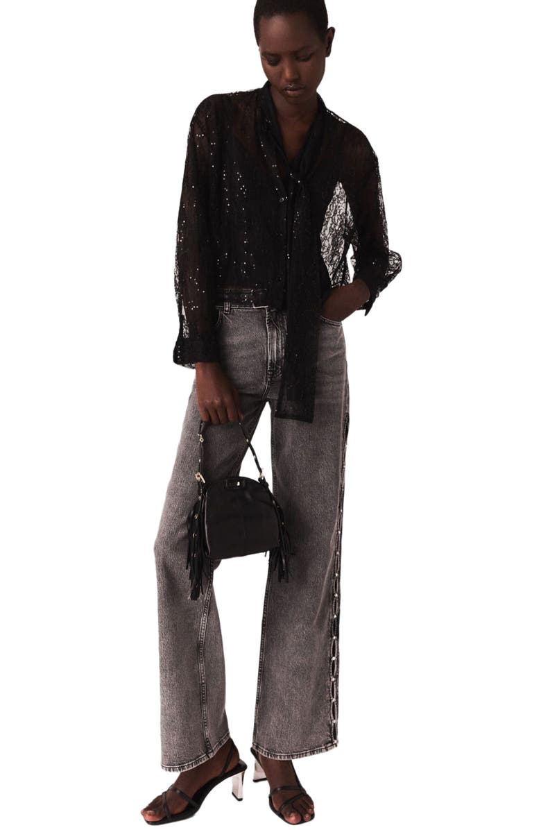 maje Lace pussy bow shirt, Alternate, color, Black