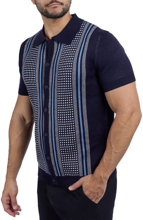 Spring + Mercer Stripe Short Sleeve Knit Button-up Shirt In Navy