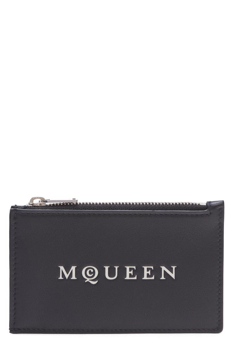 Logo Leather Zip Card Case, Main, color, BLACK/ BONE/ SILVER