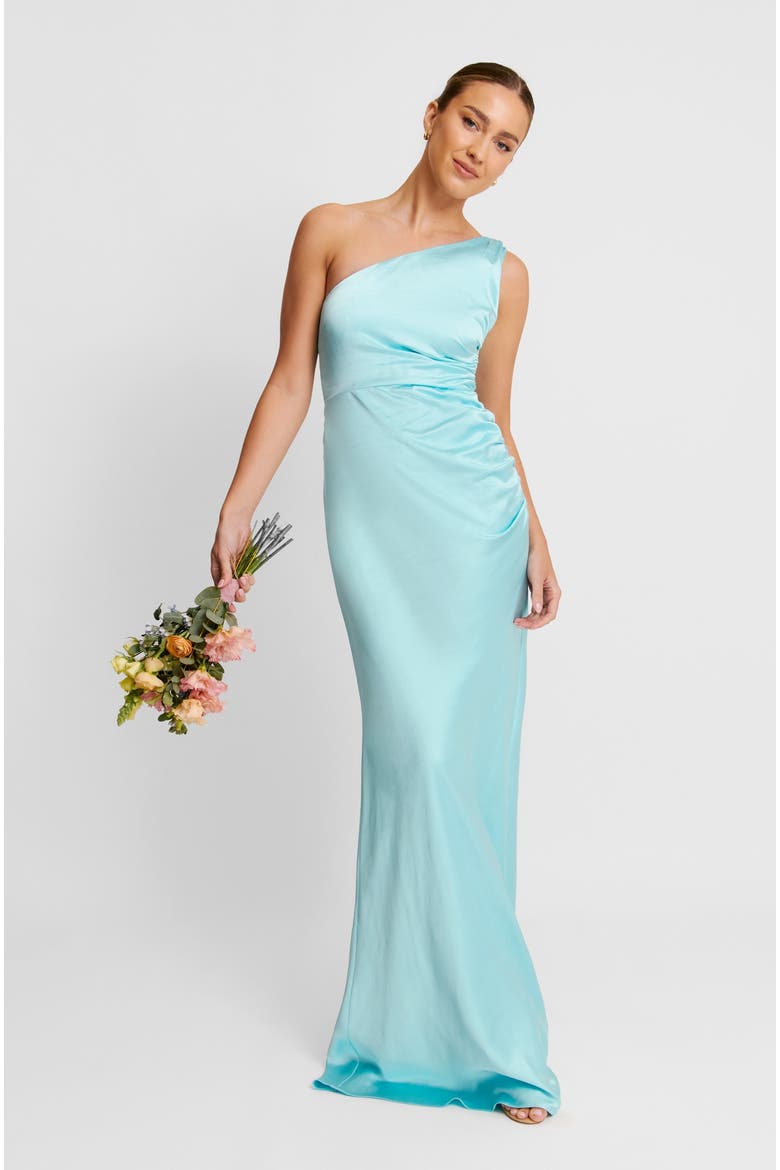 One Shoulder Gathered Bridesmaid Dress, Alternate, color, Turquoise