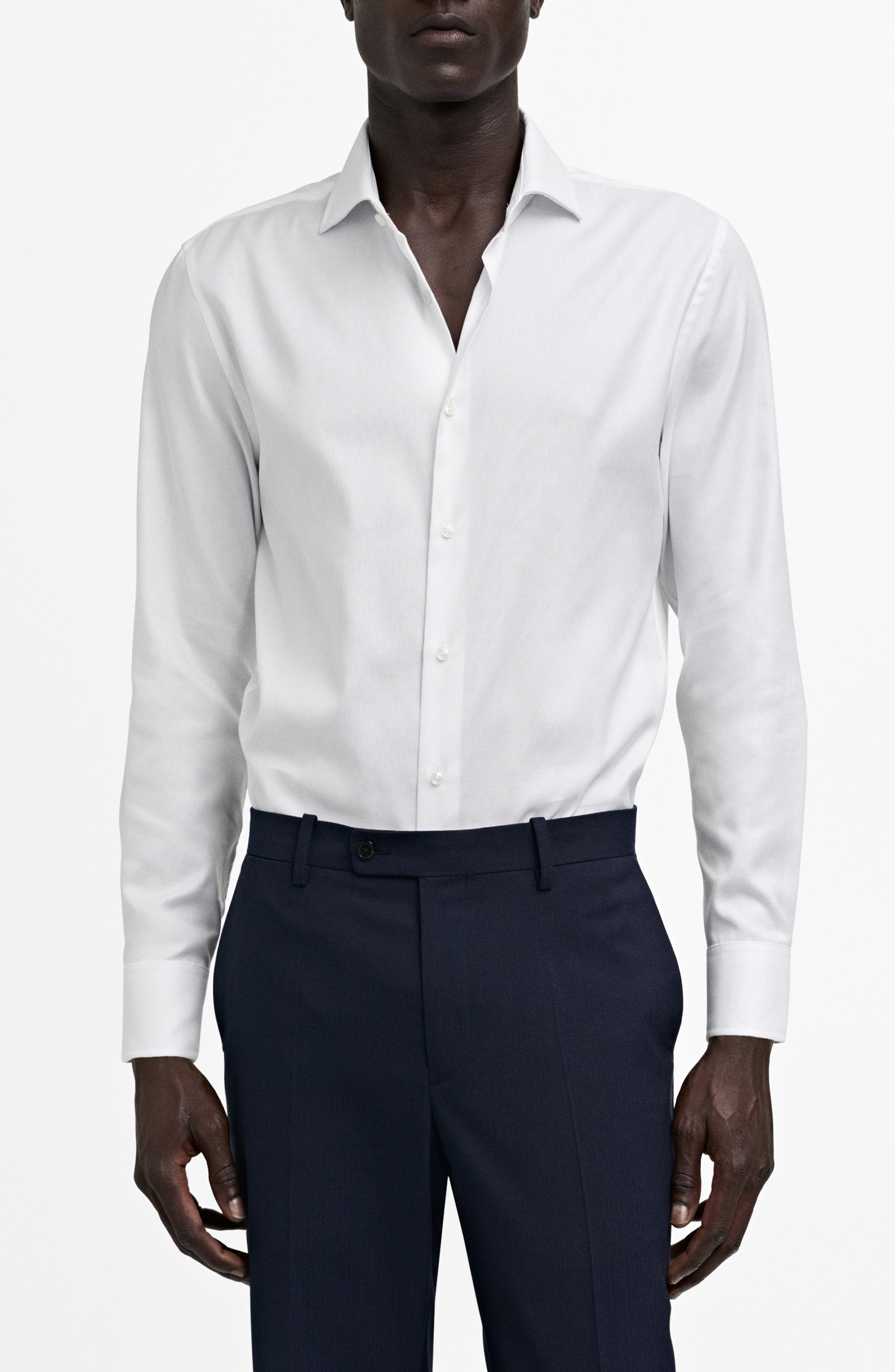 MANGO Slim Fit White Textured Cotton Dress Shirt