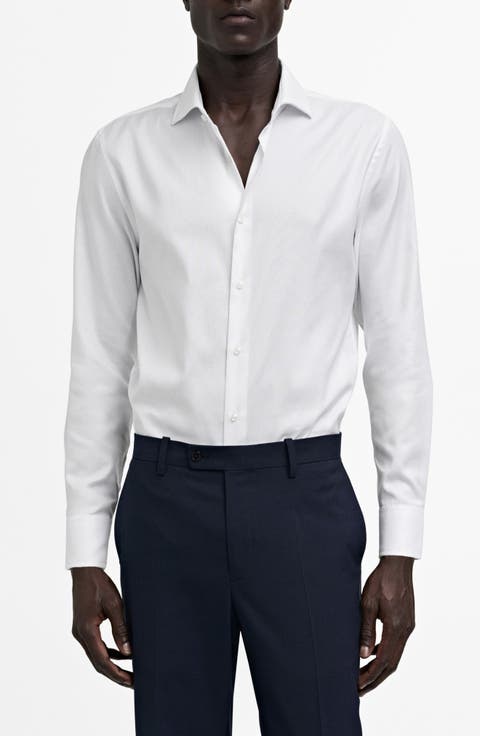Slim Fit White Textured Cotton Dress Shirt