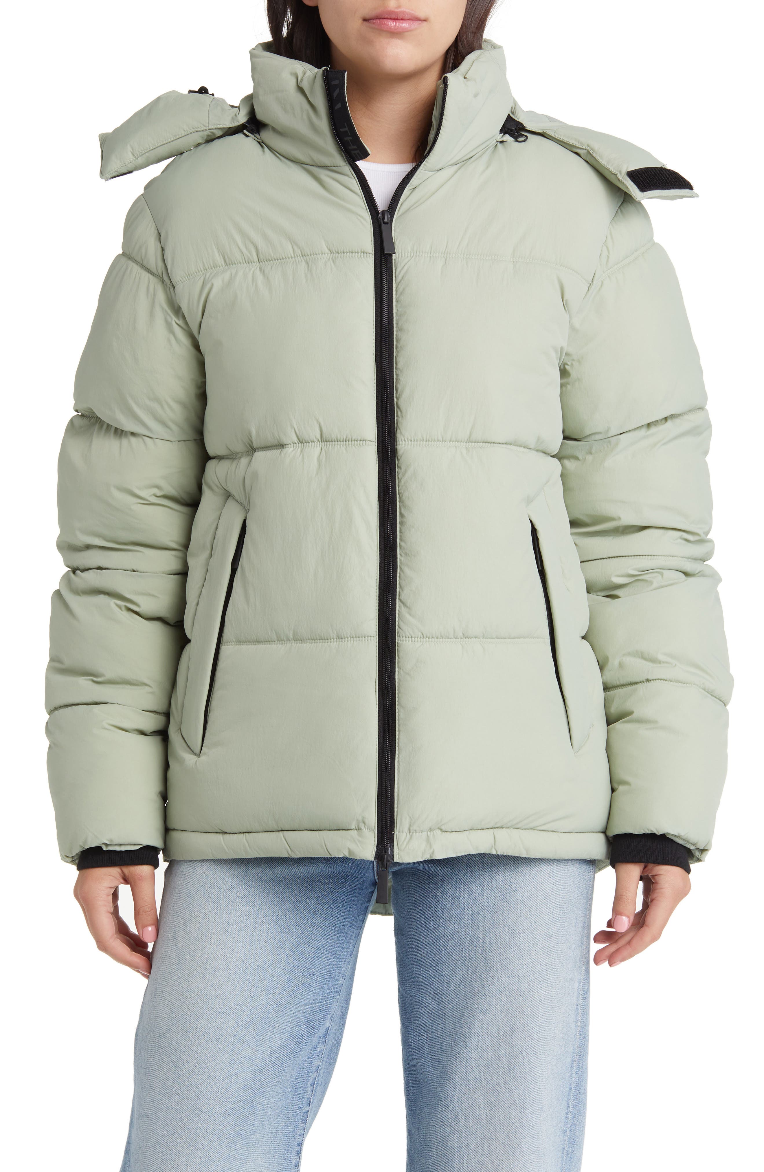 The Very Warm Hooded Water Resistant 500 Fill Power Down Recycled Nylon Puffer Jacket in Sage 