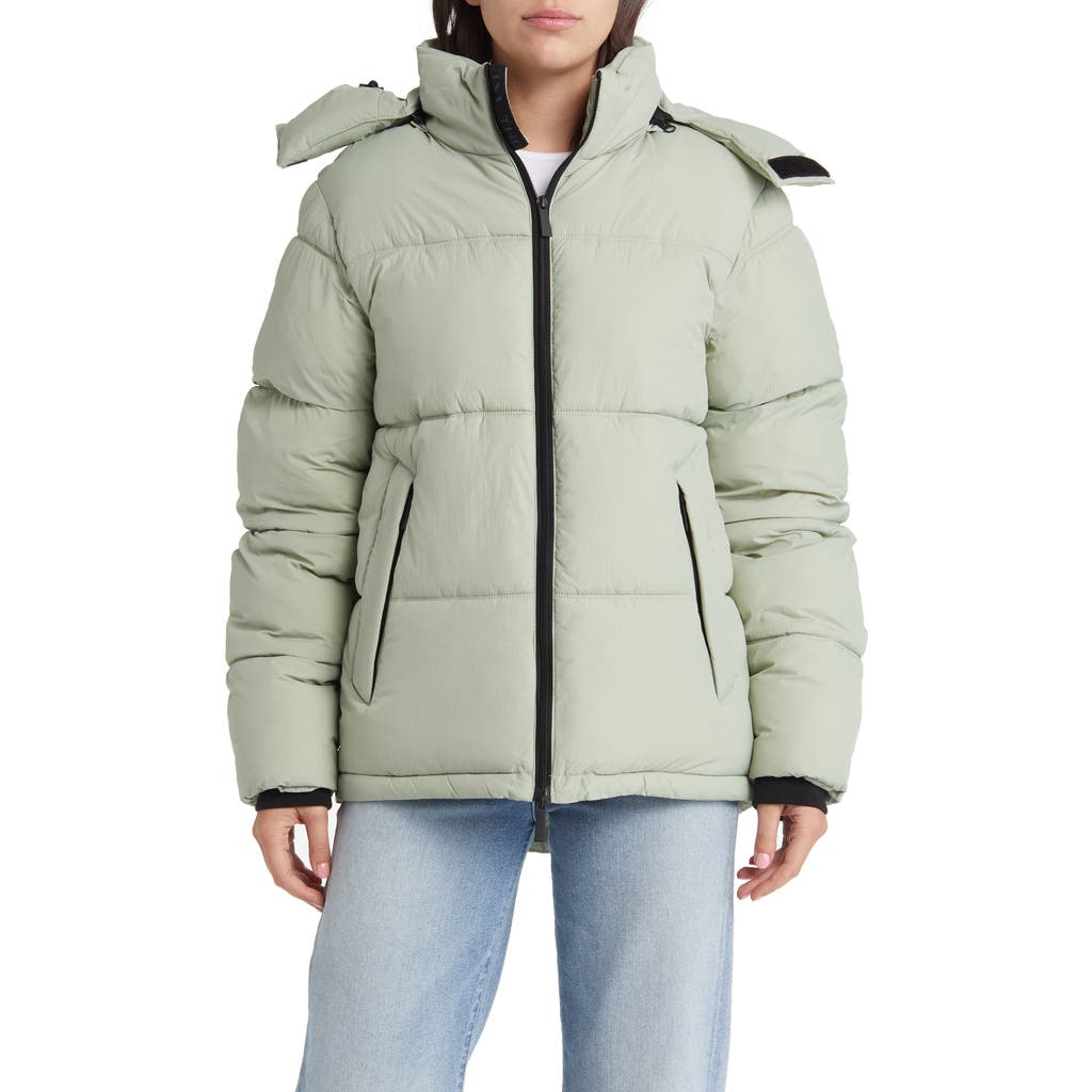 The Very Warm Hooded Water Resistant 500 Fill Power Down Recycled Nylon Puffer Jacket in Sage