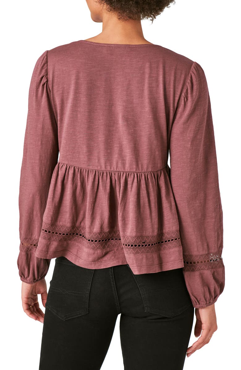 Lucky Brand Pintuck Lace Long Sleeve Cotton Blouse, Alternate, color, 