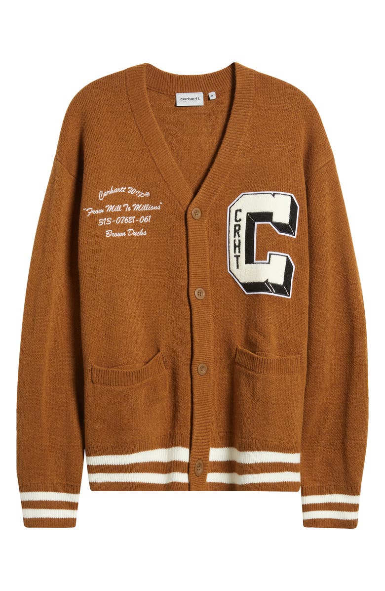 Carhartt Work In Progress Brown Ducks Embroidered Varsity Cardigan, Alternate, color, Hamilton Brown / Wax